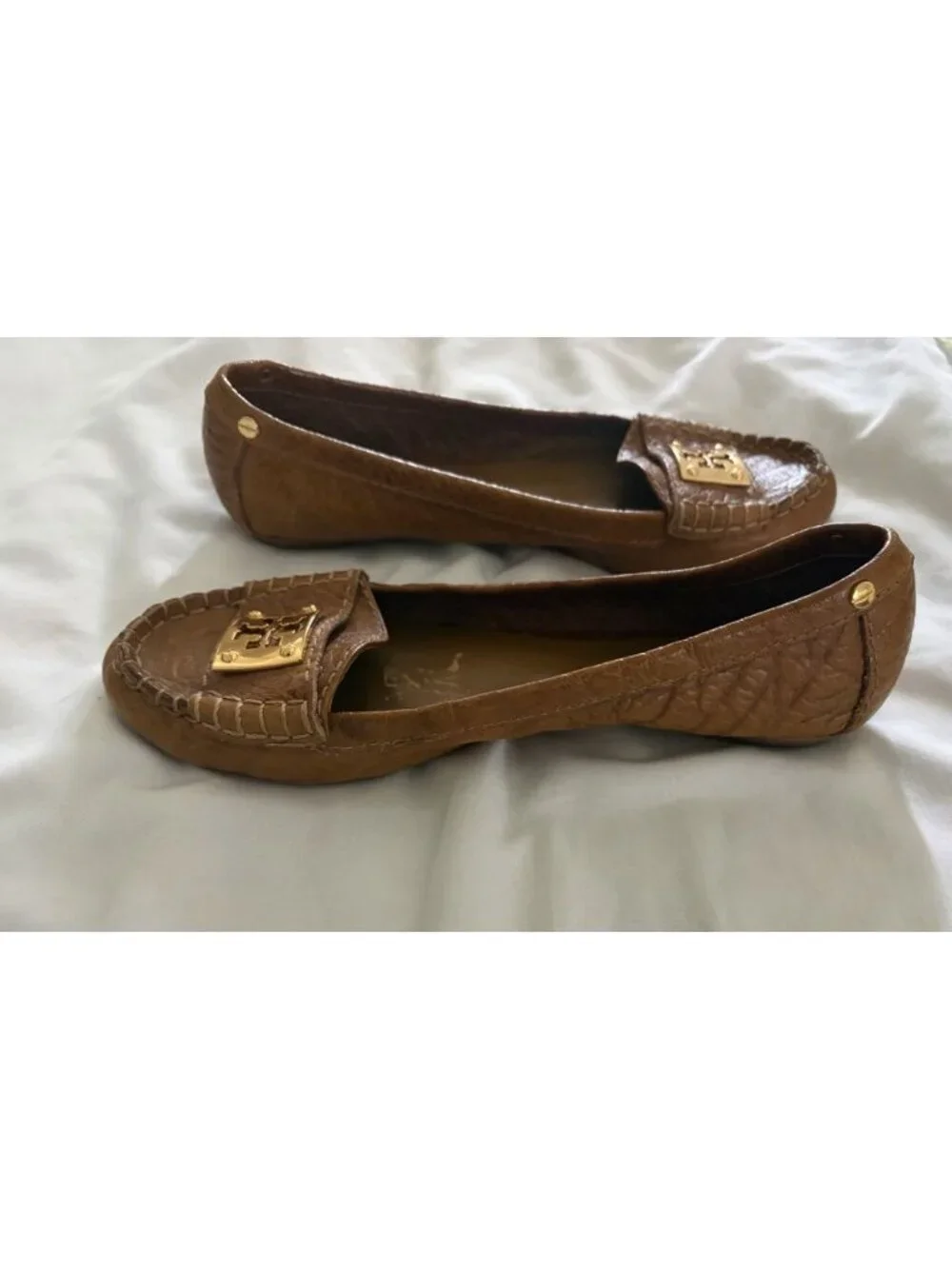 TORY BURCH Tan Carmel Textured Leather Driver Mocs Flats Size 7.5 Slip On